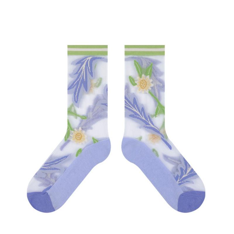 

Носки из кристального шелка, женские летние ультратонкие прозрачные нейлоновые длинные носки с цветочной вышивкой, японские милые сетчатые кружевные носки Kawaii