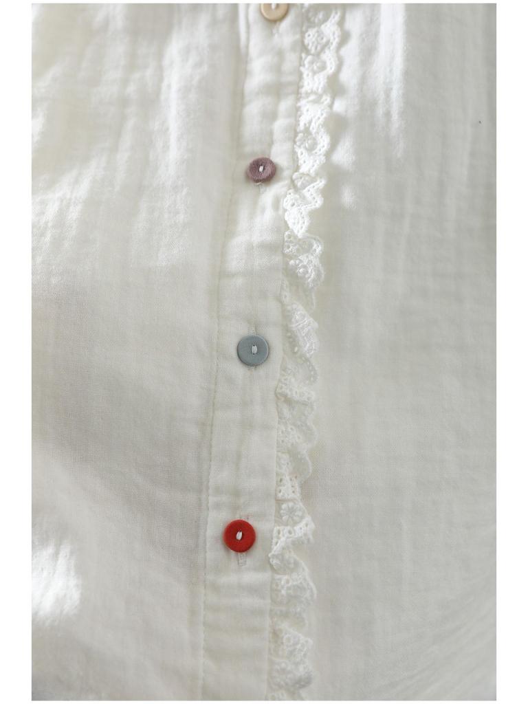 2026 Spring Lace Button Women's Double Layer Cotton Gauze White Shirt - Versatile & Age-Reducing