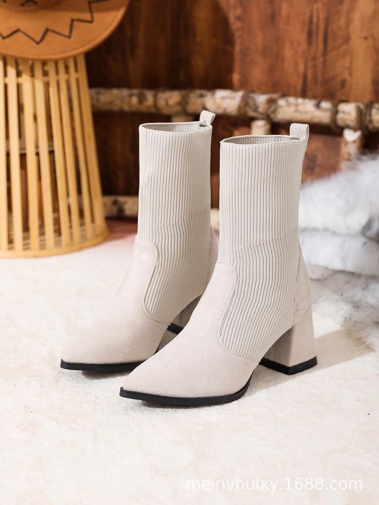 Pointed women's black thin boots women's new autumn and winter high-heeled short boots thick-heeled large-size women's boots
