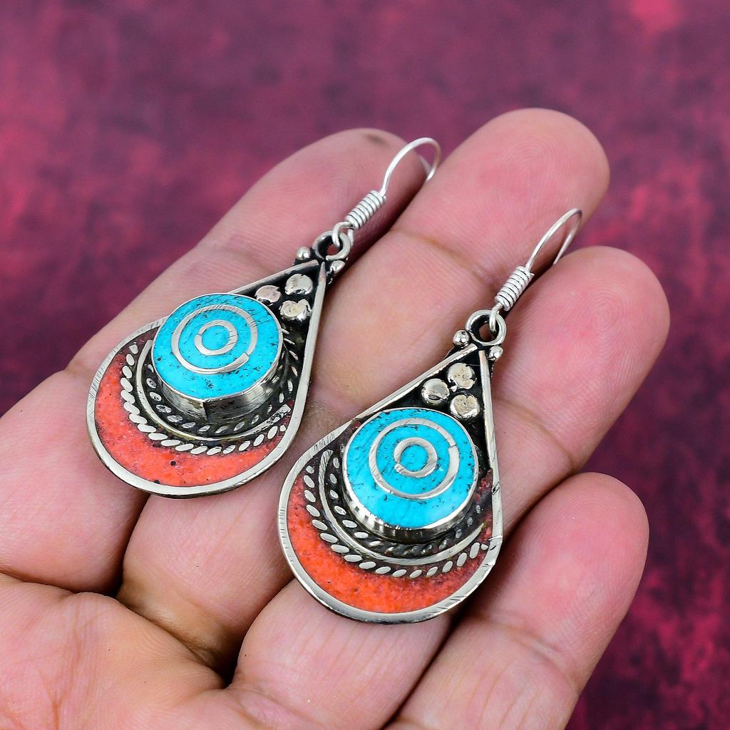 Turquoise & Coral 925 Solid Sterling Silver Earrings, Handmade Gemstone Nepali Earrings Jewelry, Gifts For Wife Brand New Earrings