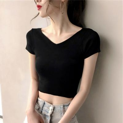 Verão Versão Coreana Decote V Frente e Costas Camiseta Feminina de Manga Curta Top Justo Feminino Cor Sólida Preto e Branco Novo