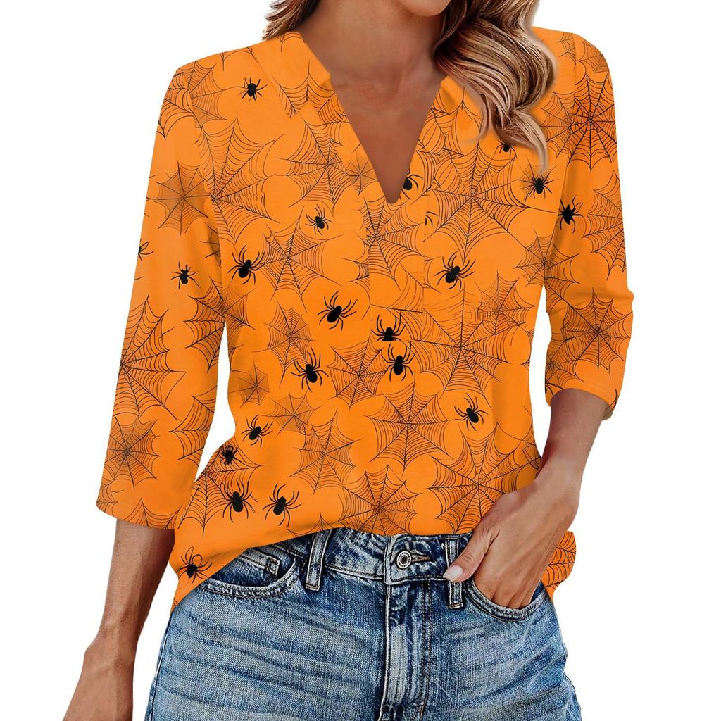Women's Fashion Casual Lapel 3/4 Sleeve Halloween Print Shirt Women's V-Neck Tops