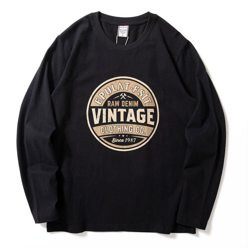 Long-Sleeved T-Shirt for Men 2025 Autum New Style American Retro Printed Pure Cotton Brushed T-Shirt Round Neck Casual Bottoming Shirt