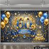 Telón de Fondo de Pancarta para Fiesta de 60 Cumpleaños 2D Tema Azul Dorado Con Globos Pastel Fuegos Artificiales Decoración Duradero No Requiere Alimentación Para Interior_ Múltiple