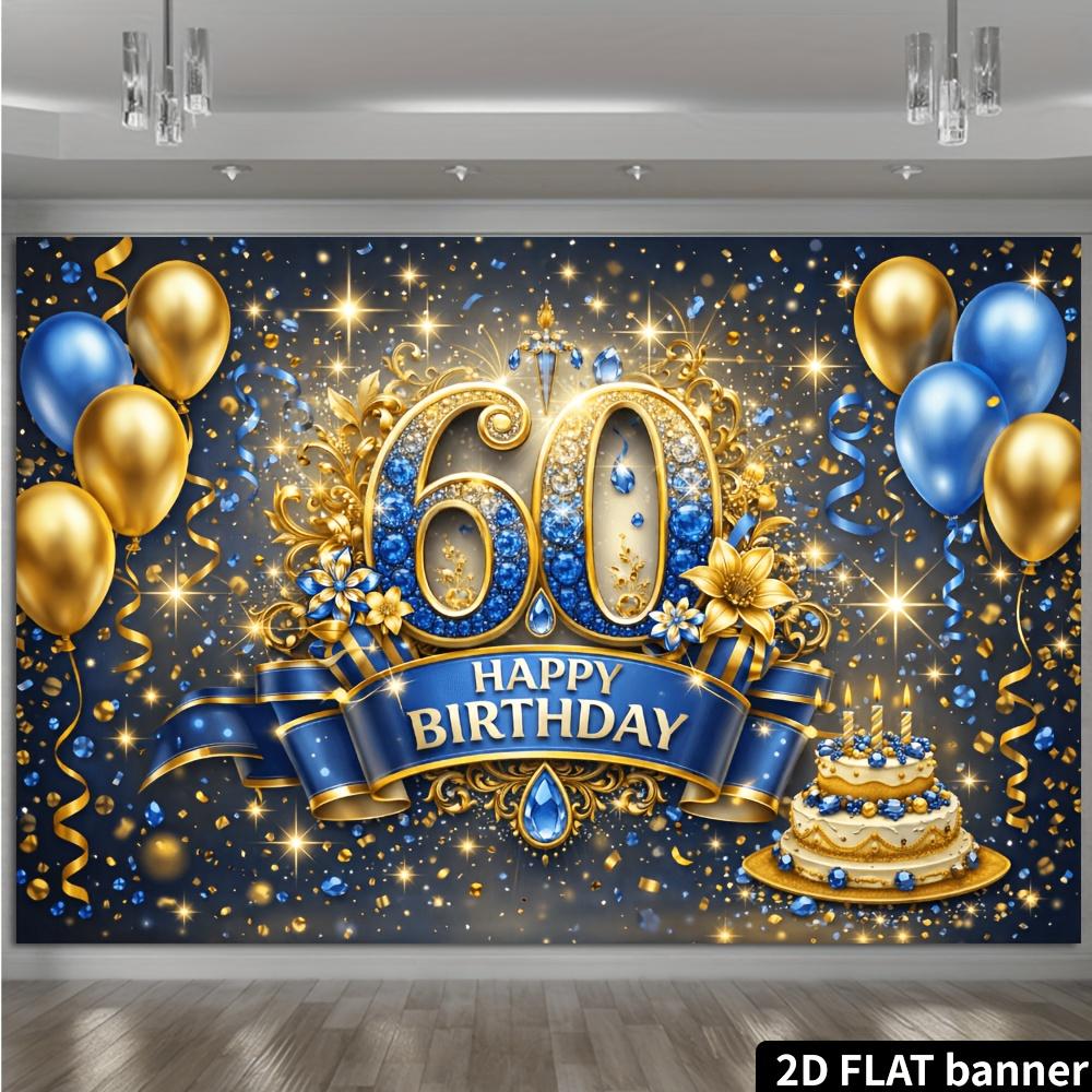 Telón de Fondo de Pancarta para Fiesta de 60 Cumpleaños 2D Tema Azul Dorado Con Globos Pastel Fuegos Artificiales Decoración Duradero No Requiere Alimentación Para Interior_ Múltiple