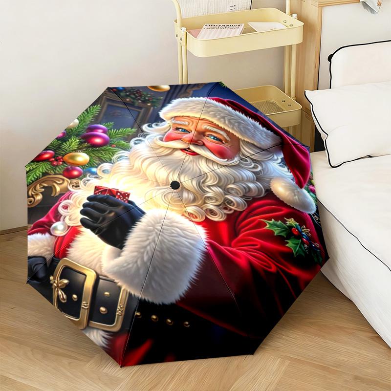 Christmas gifts, bells, Santa Claus, snowman, Christmas tree umbrella, home essential, wrought iron tri-fold portable all-season outdoor umbrella H25
