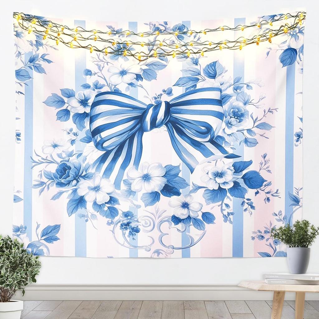 Chinoiserie Bow Tapestry Blue And White Floral Wall Art Pink Bow Wall Hanging Blanket For Living Room Bedroom Modern Aesthetics