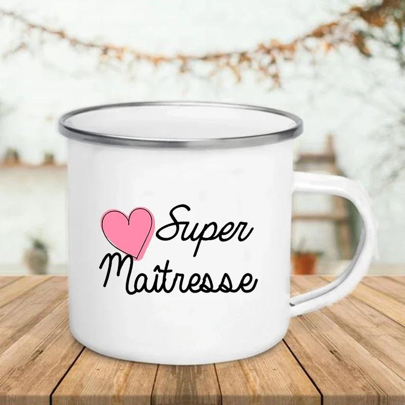 French Super Teacher Print Mugs Creative Coffee Cups Drinks Water Milk Cup Enamel Mug School Home Handle Drinkware Teacher Gifts