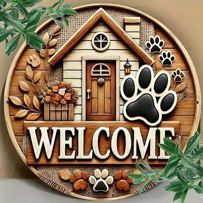 Vintage Iron Wall Art Welcome Sign with Paw Print Home Decor Living Room