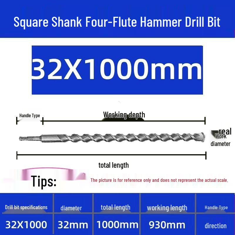 Extended Electric Hammer Drill Bit, Square & Round Shank, for Concrete Piercing - Available in 500mm to 2m Lengths
