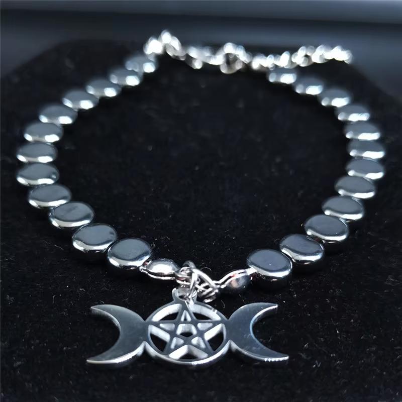Witchcraft Pentagram Stainless Steel Triple Moon Goddess Bracelet Women Silver Color Bracelets Bangles Jewelry Bijoux B1729S02
