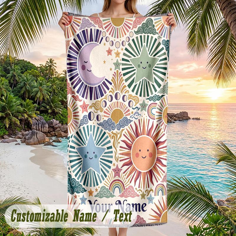 Sun Moon Art Theme Quick Dry Beach Towel Custom Name Text Print Large Sand Resistant Towel Beach Vacation