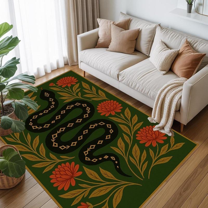 Nordic Style Living Room Carpet Black Gold Mysterious Snake Pattern Bedroom Rug Machine Washable Non-slip Coffee Table Mat Tapis