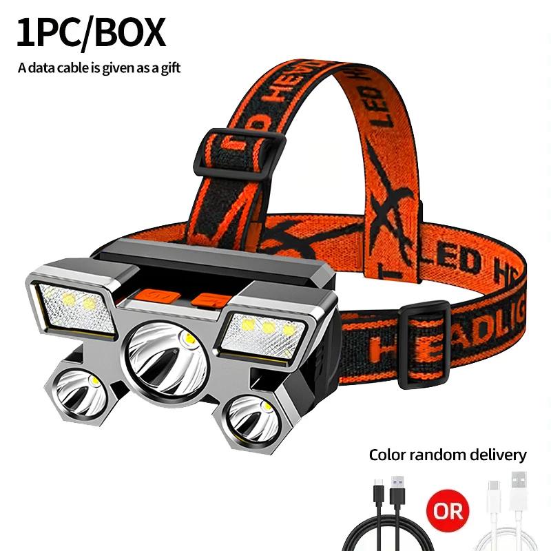 5 LED Taschenlampe Wiederaufladbar mit eingebauter Lithiumbatterie Starke Stirnlampe Camping Abenteuer Angeln Radfahren Stirnlampe