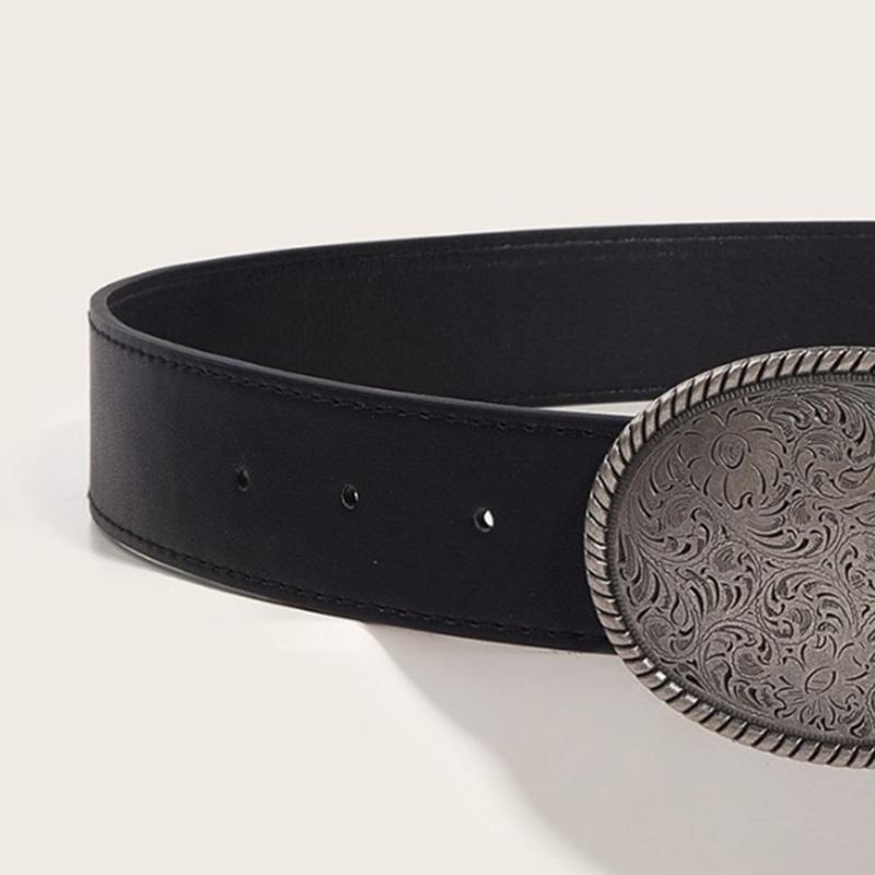 Fashionable Black Faux Leather Belt With Artistic Floral Embossing Durable Buckles Unisex Design
