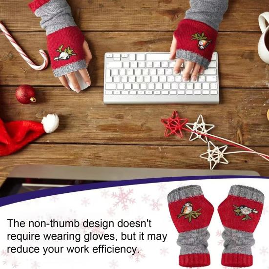 Yousheng 1 Pair Riding Gloves Embroidery Pattern Fingerless Knitted Gloves with Extended Cuffs Half-Finger Design Thumb Hole Winter Gloves