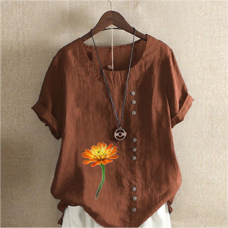Dámské módní tričko s krátkým rukávem s květinovým potiskem Volná bavlněná košile Ležérní volná letní halenka Topy Plus size