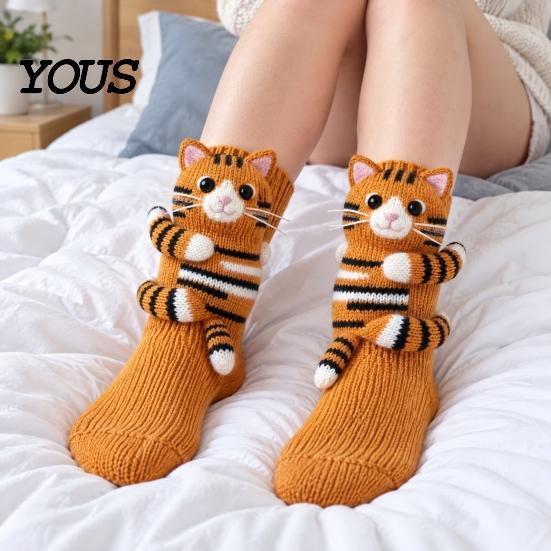 Unique Gift for Friends 1 Pair 3D Knit Animal Socks, Fuzzy Cute Novelty Casual Home Lounge Socks Hand Crocheted Floor Sock, Stuffed