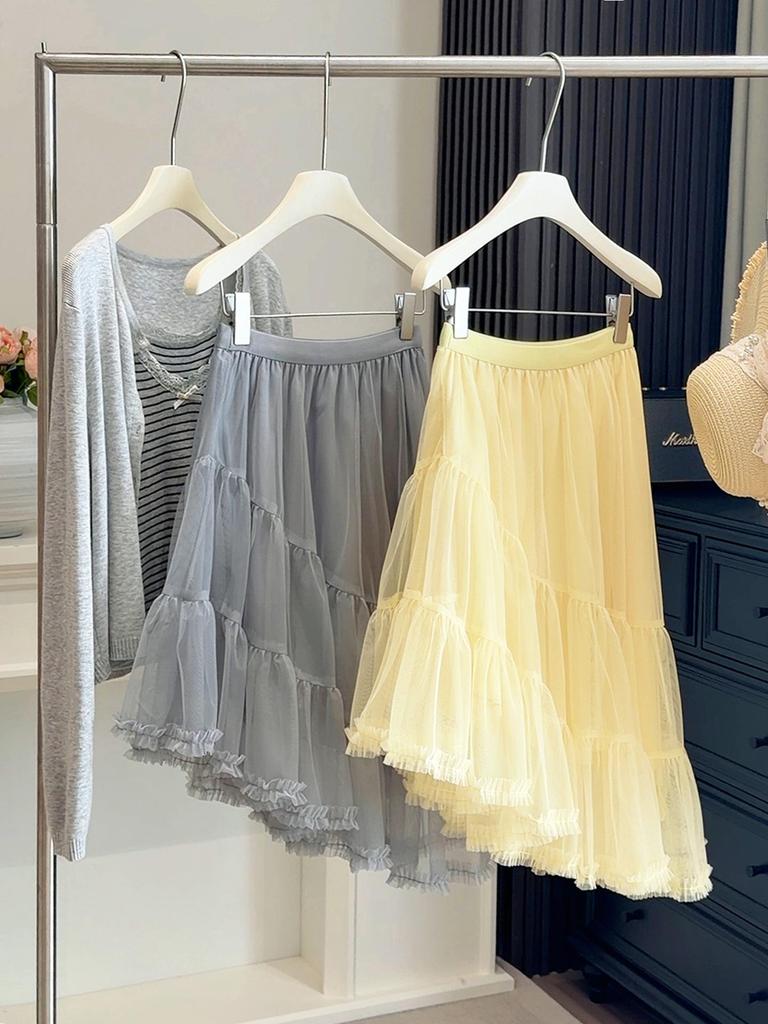 Women's Summer High Waist Ruffled A-Line Midi Skirt with Irregular Mesh Layers