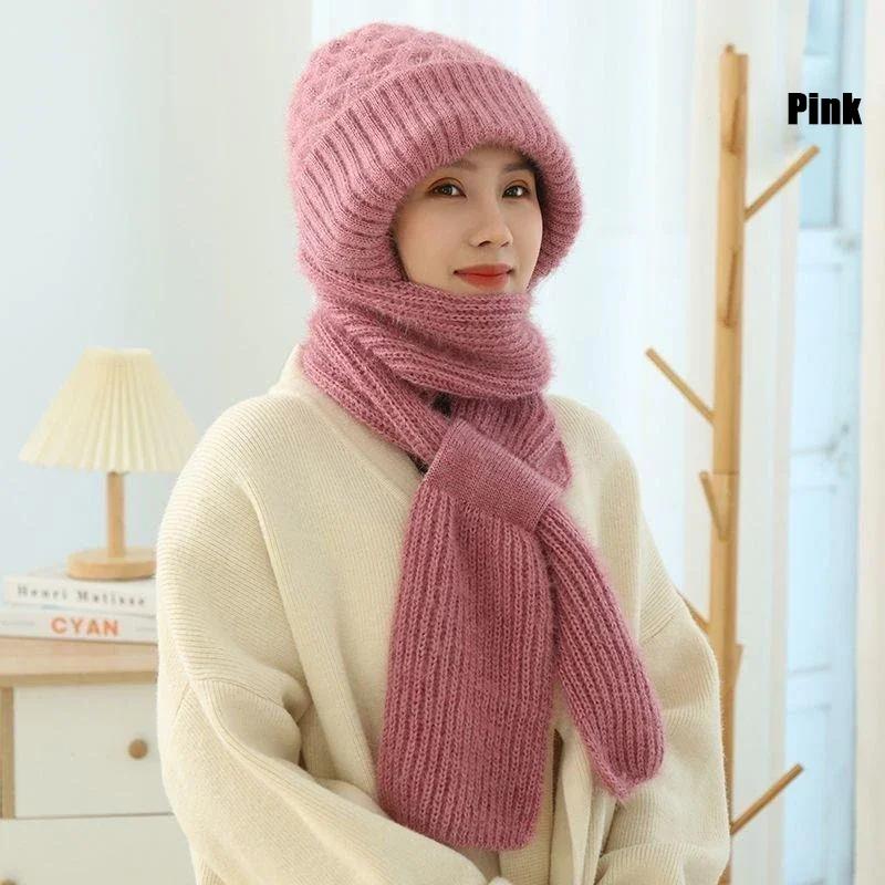 Winter Womens Knitted Hat Double Warm Padded Thickened Hat Scarf One Wool Knitting Net Red Pop Wind and Snow Beanies Hats