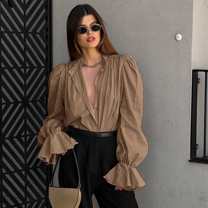 Autumn French temperament fashion jacquard chiffon shirt women's niche loose ruffle edge bubble sleeve shirt top