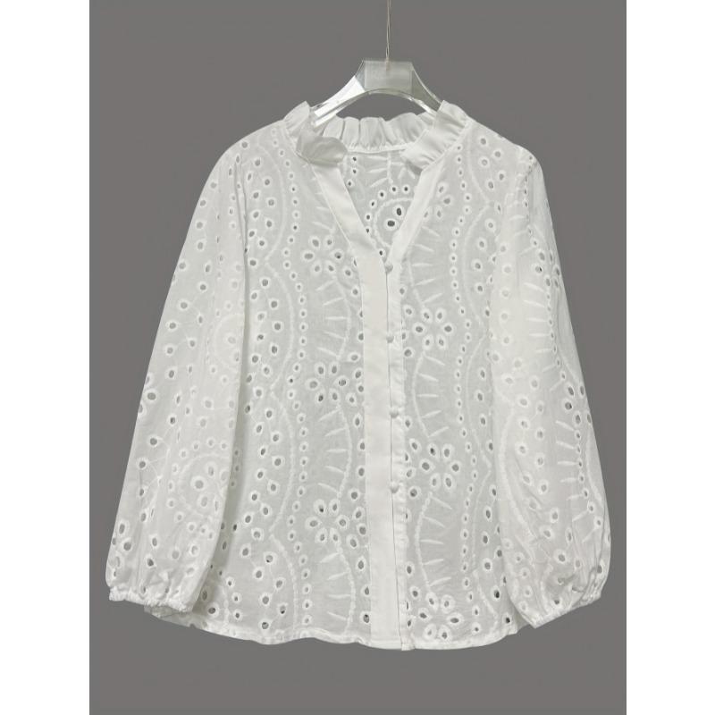 2026 New V Neck Long Sleeve Hollow Out Lace Shirt Fashion Women Office Lady Stand Collar Ruffle Blouse New Loose Elegant Sweet Solid Color Top