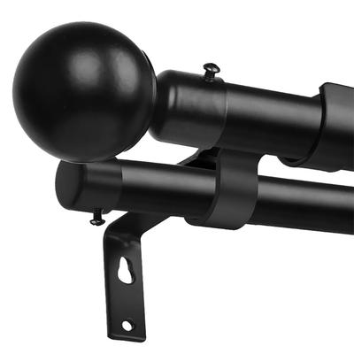 Double Curtain Rod Modern Sturdy Metal Ball End Extendable Dual Drapery Rod for Kitchen Bedroom Window Office Black