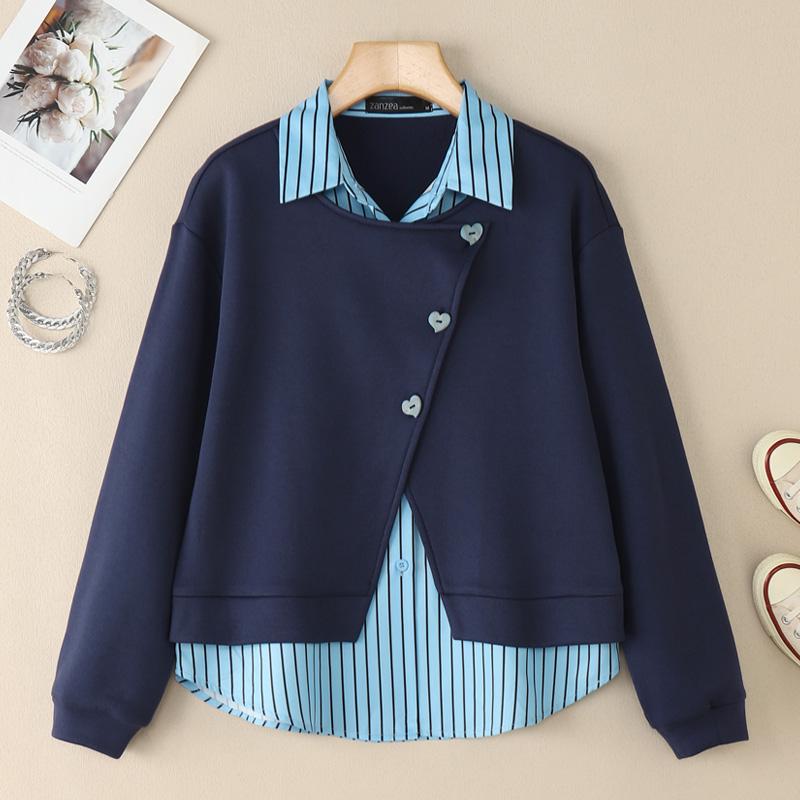 

ZANZEA Женские лоскутные повседневные топы-пуловеры с длинным рукавом и отложным воротником, осень 3XL темно-синий