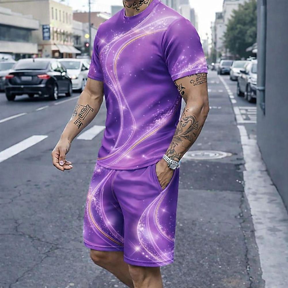 Men's Geometic Line 2pcs Tees sets Summer Tops Short Sleeve Short Pants Crew Neck Sport Casual