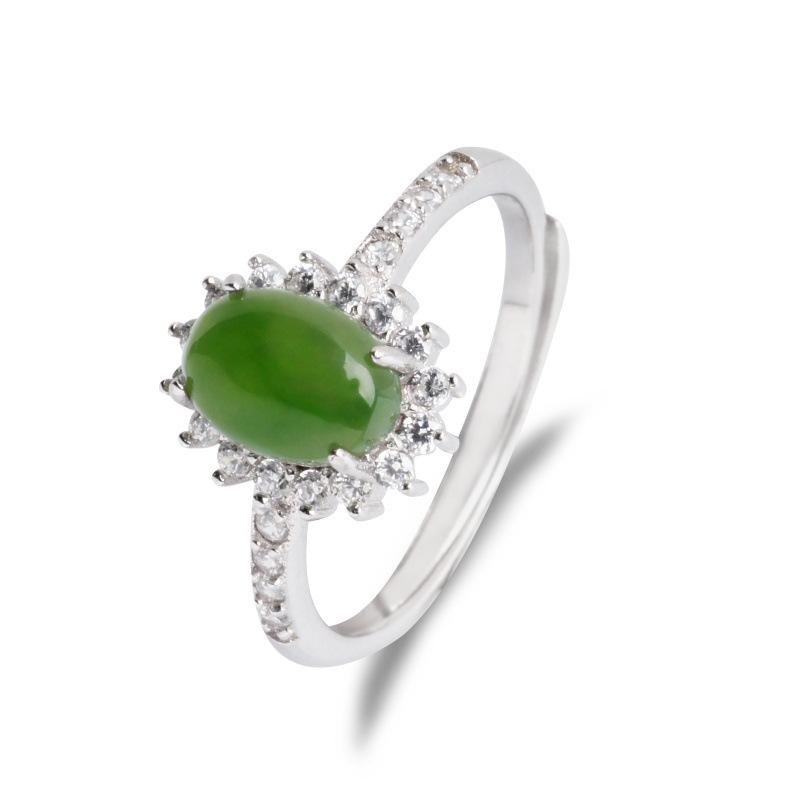 Adjustable Women's Ring with 925 Sterling Silver, Green Jasper, Zircon, and Jade Oval Design, with Certificate