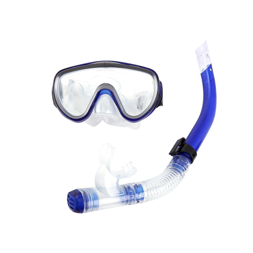 Resistant Tempered Glass Lens Mask Snorkel Mouthpiece Snorkeling Combo Set(blue)