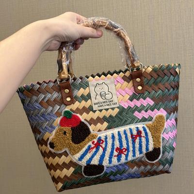 Dachshund Woven Bag Vegetable Basket Retro Rattan Handbag Bamboo Straw Woven Bag Pure Handmade Bamboo Woven Bag Beach Bag
