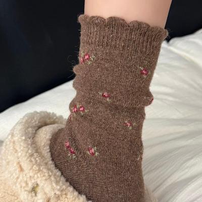 Dark Gray Vintage Thickened Warm Children'S Winter Floral Piles Of Socks Coffee Color Mid-Leg Socks Snow Boots Wool Socks