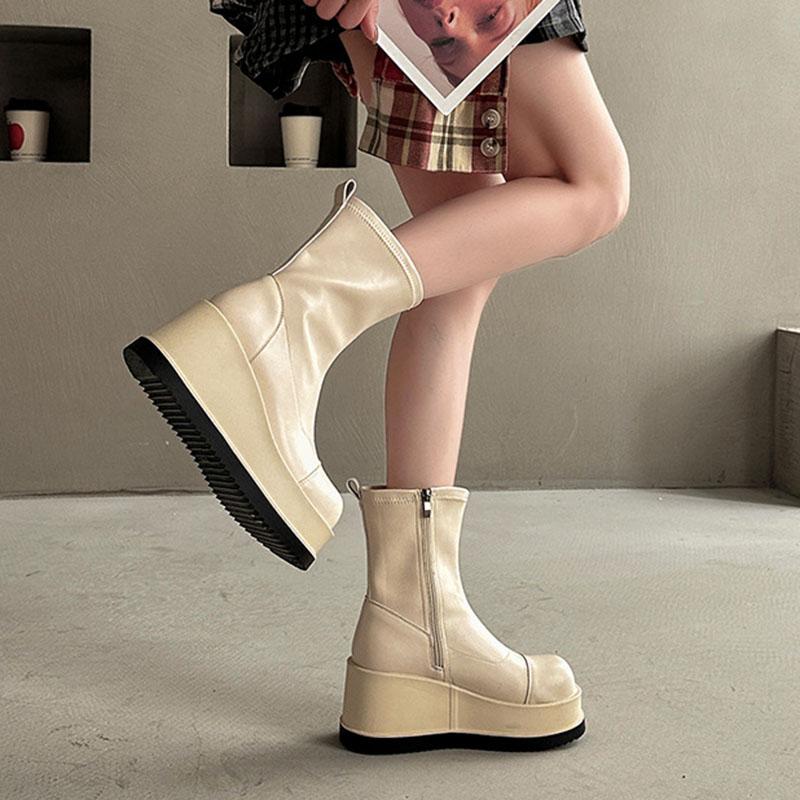 Fashion British Style Thick Bottom Round Head Ankle Boots for Women Female Autumn Thick Bottom Gothic High Heels Women's Short Boots