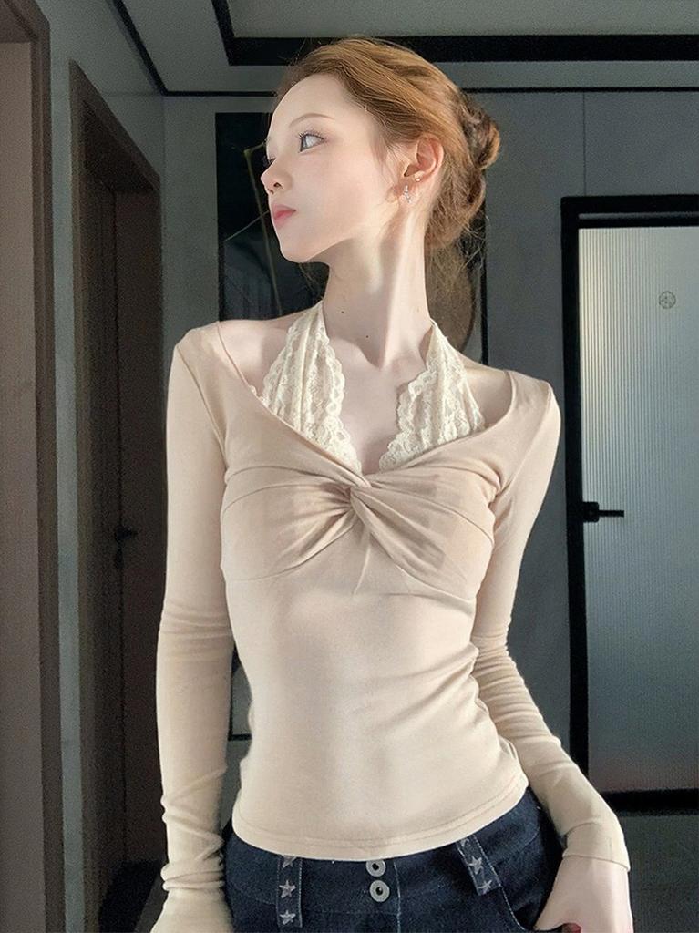 American fake two-piece lace splicing long-sleeved T-shirt women's early spring kink neck v-neck slim-fitting and thin Spice Girl top