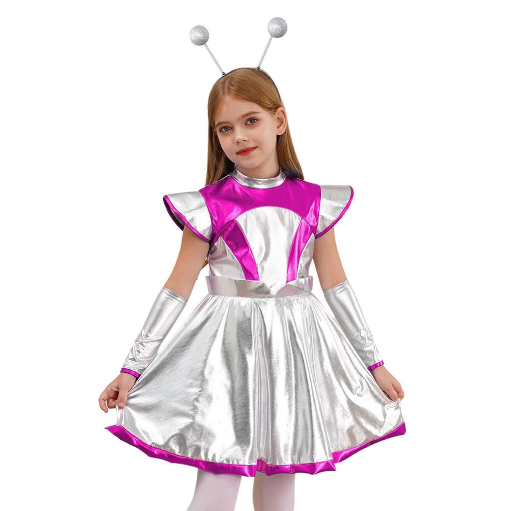 Girls Halloween Alien Cosplay Costume Set Outer Space Cutie Dress Arm Sleeves Hair Hoop Accessories