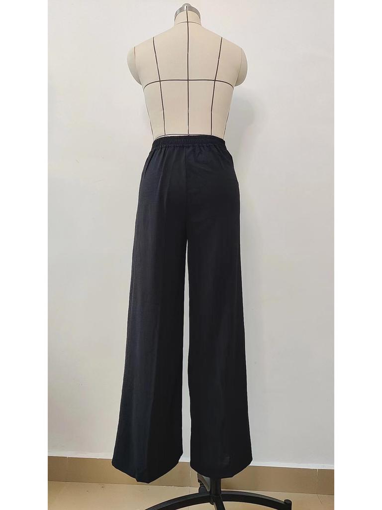 Women's Solid Color Loose Wide Leg Casual Pants with Semi-Elastic Waist for Autumn and Winter.