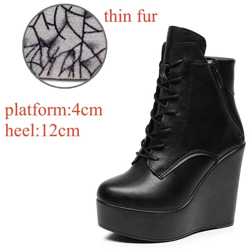 10cm 12cm Small Size 33-43 Fashion Platform Wedges Shoes Women Boots Leather 2025 High Heels Motorcycle Ankle Boots Office Mom