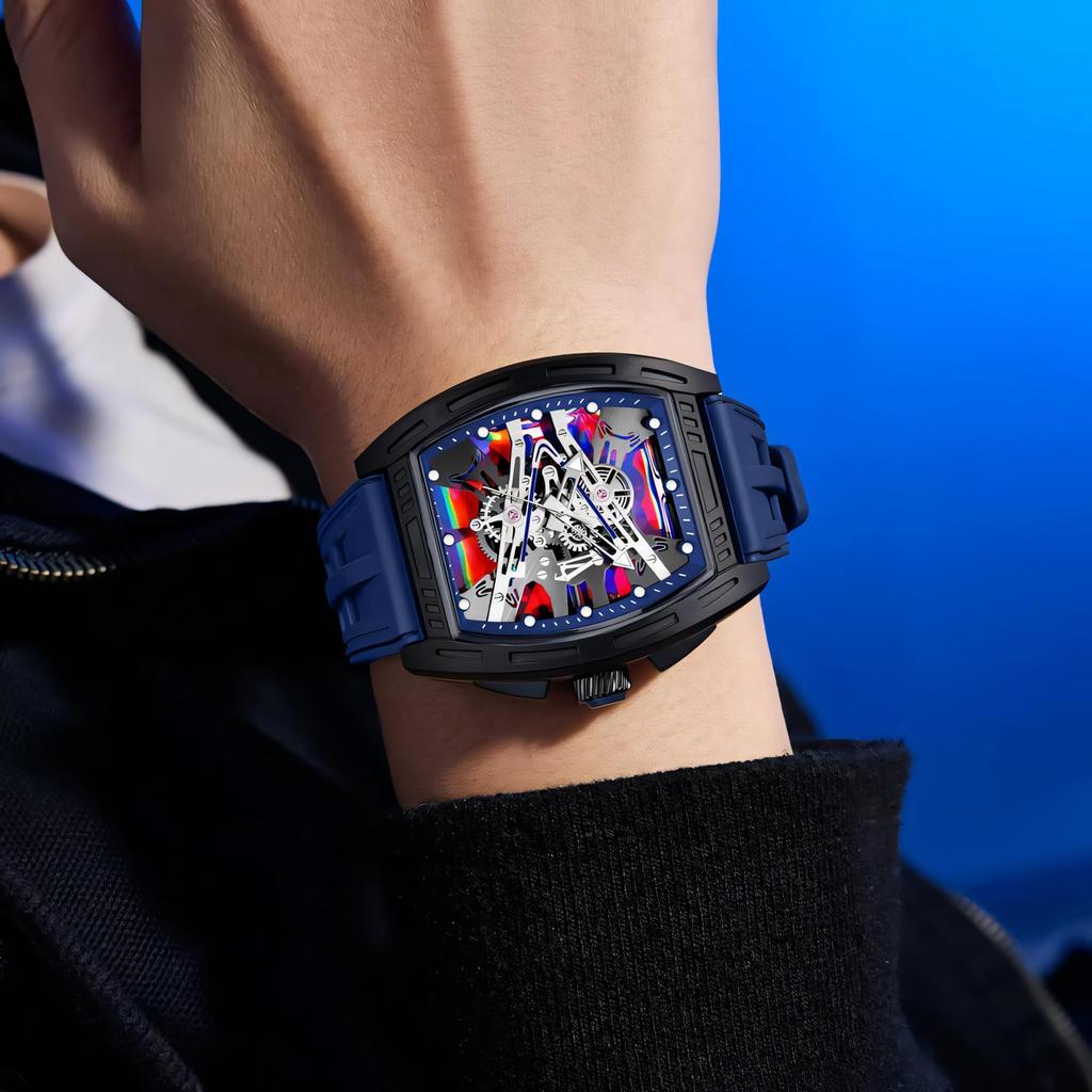 New Business Cool Wine Barrel Shaped Hollowed Dial Men's Wristwatch Silicone Strap Waterproof Luminous Quartz Male Watch