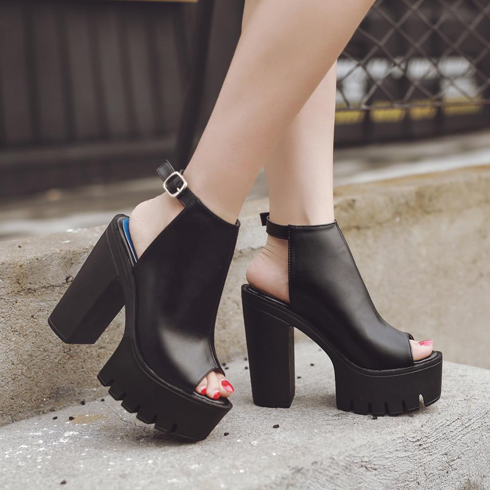 Fashion Shoes Cswo01 Women's Black Gdgydh Platform Block High Heels Peep Toe Ankle Buckle Strap Slingback Sandals Fashion Party Pumps Punk Style Cm