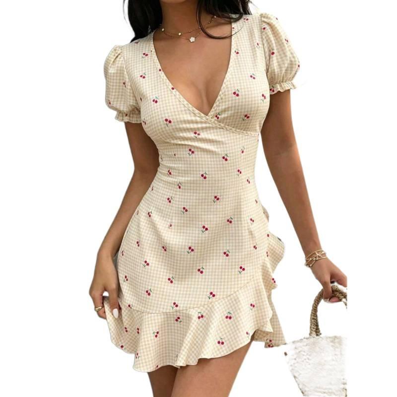 European summer new French design age-reducing cherry print V-neck ruffle edge dress