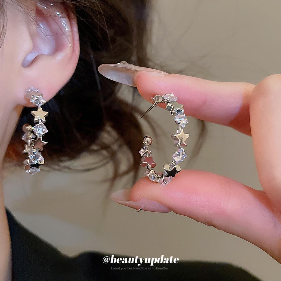 Silver Needle Cubic Zirconia Star C-Shaped Stud Earrings - Sweet & Cool Style, High-End Retro Feel
