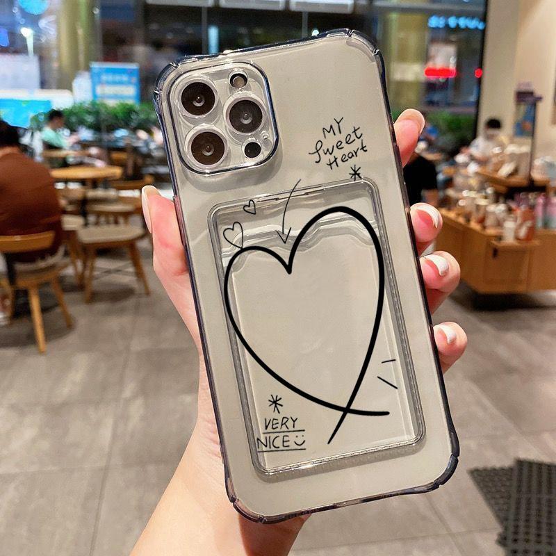 Card Bag Holder Clear Case For iPhone 16 15 14 13 12 11 Pro Max With Love Heart Pattern Cover For iPhone XS Max XR 7 8 Plus Case