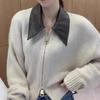 Gespleißter Lederkragen-Strickpullover, modische Strickjacke mit Doppelreißverschluss für Damen, Herbst/Winter, neue weiche Vintage-Langarm-Streetwear