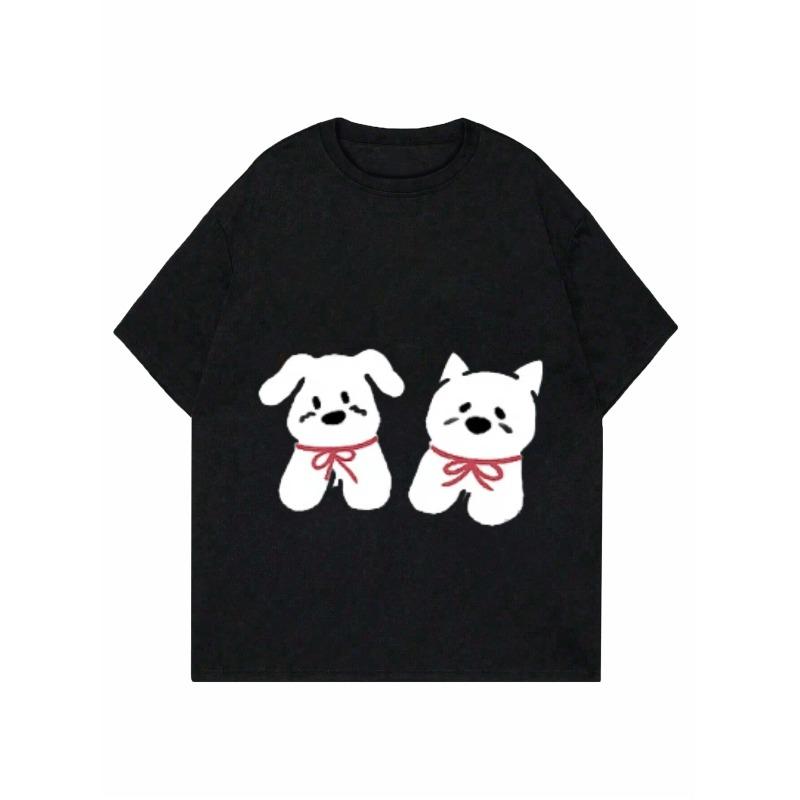 Cute Dog Print Loose T-Shirt Black Two White Dogs With Red Bow Cartoon Design Casual Wear For Women Summer Outfits Daily Fashion Top