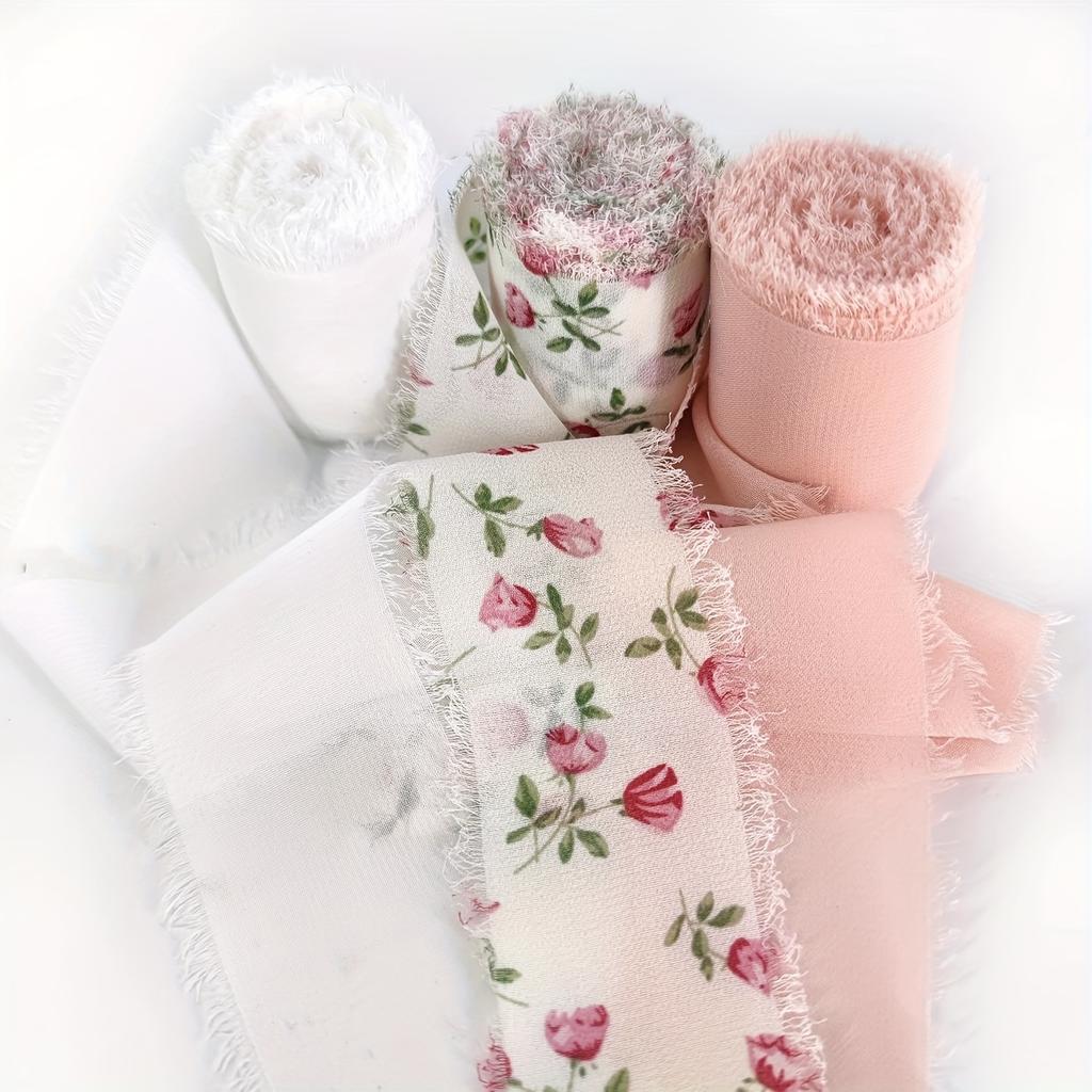 3Pcs Rolls Of Patterned Chiffon Ribbon With Frayed Edges