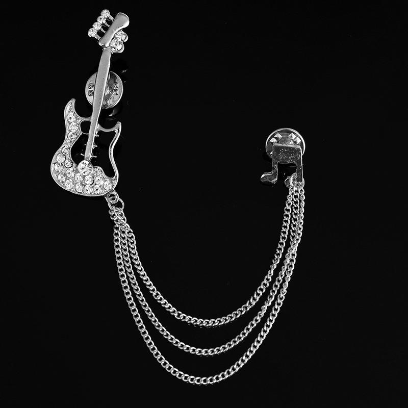 Men's Korean Style Eagle Guitar Brooch with Rhinestone Chain Badge