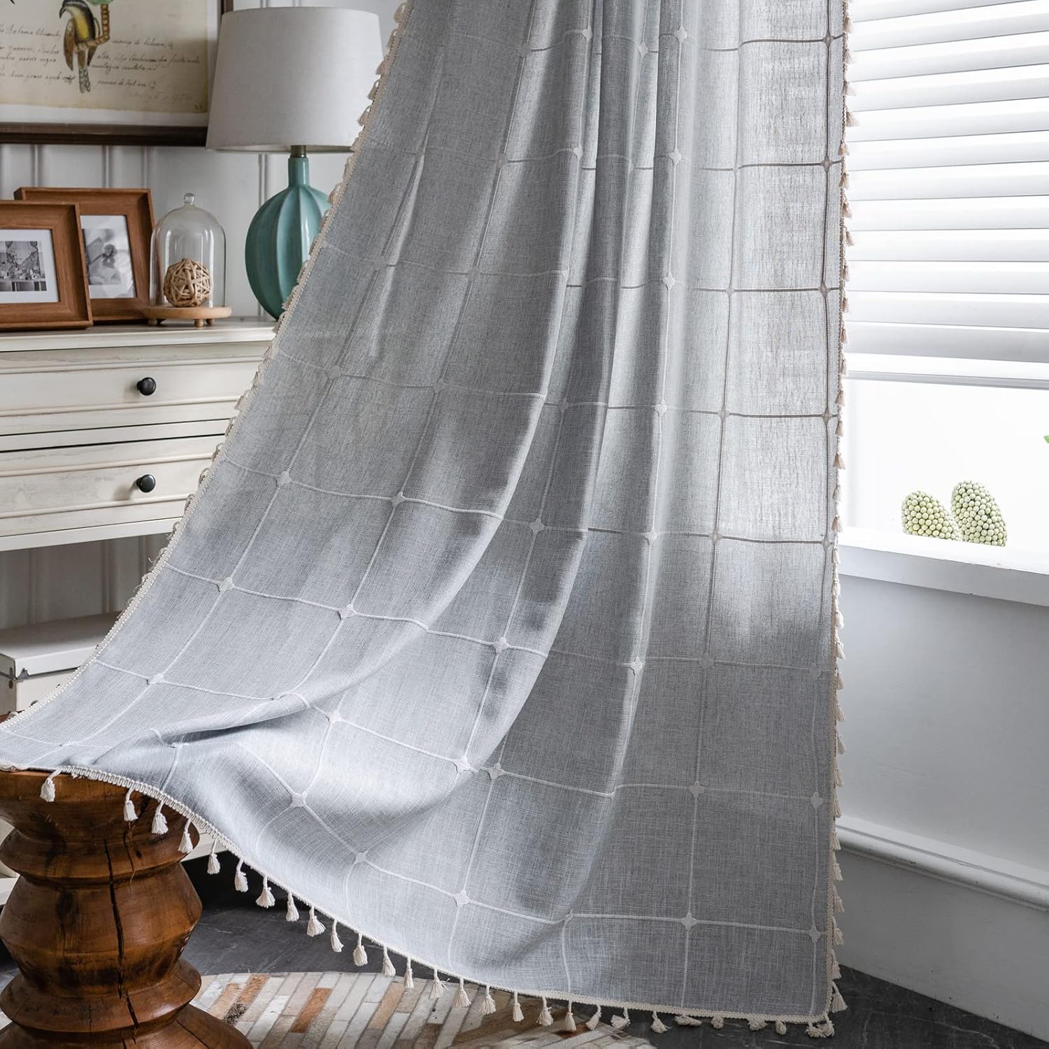 

Boho Cotton Linen Curtains for Living Room Bedroom, Plaids Lattice Embroidered Semi Blackout Farmhouse Window Treatment Drape W140xH100cm&Rod Pocket