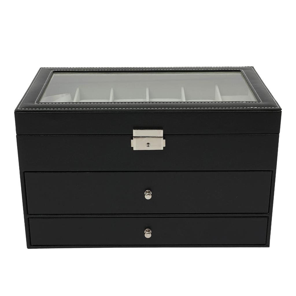12-Slot Watch Box Case 3 Layers Watch Holder Organizer Display with 2 Velvet Drawer for Rings Bracelets Gifts For Birthday Black