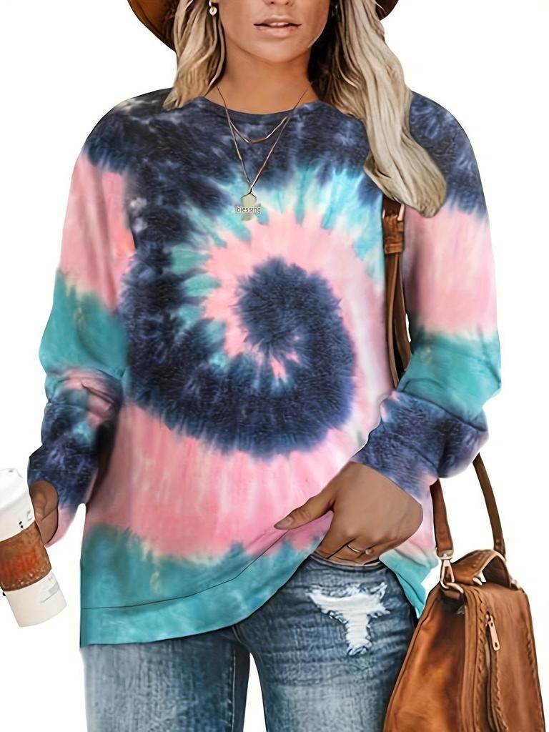 Plus Size Women's Tie-Dye Long Sleeve Elegant Pullover T-Shirt